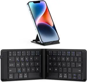 iClever Foldable Bluetooth Keyboard, Portable Wireless Folding Keyboard with PU Leather Cover, Multi-Device, Rechargeable, Pocket-Sized for Travel for iPad, iPhone, Laptop, Tablet, Smartphone