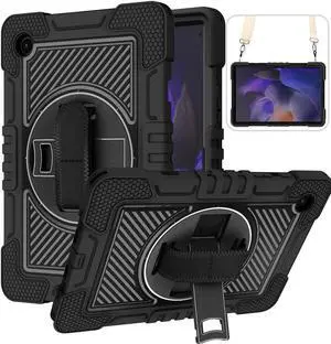 Dteck for Samsung Galaxy Tab A8 (SM-X200/X205) Tablet Case 10.5" 2022 Release, Shockproof Hard Case for Kids with Rotate Kickstand and Hand Strap, Protective Rugged Cover with Shoulder Strap, Black