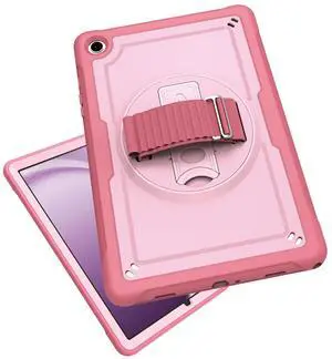 Ambison Compatible with Samsung Galaxy Tab A9+ Plus Case 11" 2023,Full-Body Portable Shockproof Shell Case Cover with 360deg Rotate Sport Strap,Kickstand,Pen Holder,for Model SM-X210/X216/X218 (Pink)