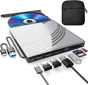 External CD DVD+/-RW Drive with Carrying Case,USB 3.0 Ultra Slim CD Burner with 4 USB Ports, 2 TF/SD Card Slots,1 Type-C Port, DVD Player for Laptop