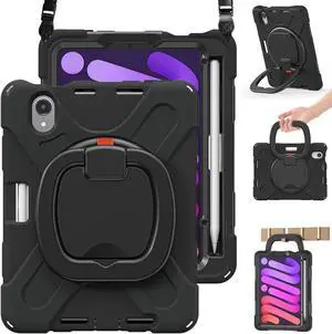 BRAECN Case for iPad mini 7 (A17 Pro) 2024 / iPad mini 7th/6th Gen 8.3-Inch, Silicone Cover w/Screen Protector, Pencil Holder [Supports Pencil Charging], Kickstand, Handle Grip, Shoulder Strap, Black