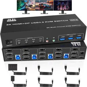 8K@60Hz Displayport +2 HDMI USB3.0 KVM Switch 3 Monitors 4 Computers, 2 HDMI 2.1 + DP 1.4Triple Monitor KVM Switch with Audio Microphone +3 USB3.0 Ports, Triple Monitor Keyboard Mouse Switcher