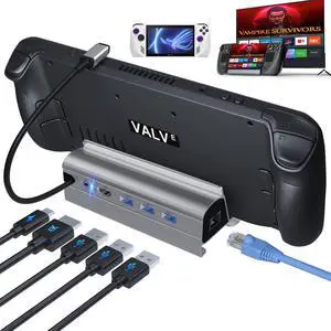 Docking Station for Steam Deck ROG Ally, 6 in 1 Stream Deck Dock with HDMI 2.0 4K@60Hz, 1000Mbps Gigabit Ethernet, 3 USB-A 3.0 and 100W Full Speed Charging USB-C Port Compatible with Valve Steam Deck
