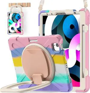 BATYUE iPad Air 5th/4th Generation Case 10.9 inch 2022/2020, iPad Pro 11" 4th/3rd/2nd/1st Gen Case 2022/2021/2020/2018, with Pencil Holder+Kickstand+Shoulder Strap (Colourful Pink)