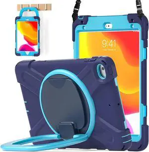 BATYUE iPad mini 5 Case,iPad mini 4 Case, Heavy Shockproof Drop Case with Pencil Holder, 360° Swivel Stand, Shoulder Strap;Cover for iPad mini 5th/4th Generation 7.9 Inch;for Kids(Navy Blue+Blue)
