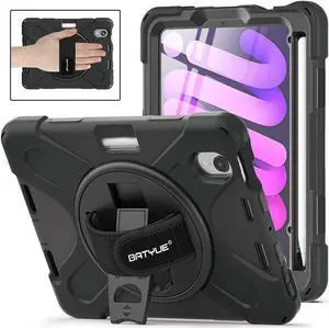 BATYUE Case for iPad Mini 7th (A17 Pro) 2024, iPad Mini 6th Gen 8.3'' 2021, Shockproof Cover with 360 Rotating Hand Strap, Kickstand, Shoulder Strap, Pencil Holder (Black)