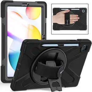 BATYUE Case for Samsung Galaxy Tab S6 Lite 10.4 Inch 2024/2022/2020 (SM-P610/P613/P615/P619/P620/P625/P627), Protective Cover with Pencil Holder, Shoulder Strap, Hand Strap, Kickstand (Black)