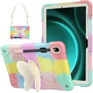 DreamerX for Samsung Galaxy Tab S10 FE/S9 FE 5G 10.9 Inch/S9 11 Inch Case Cute, Kids Girls Kawaii Girly Women Cartoon Teen Case with Butterfly Stand Shoulder Strap Pen Holder Soft Silicone Cover, Pink