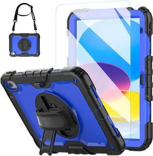 Blosomeet Case for iPad 10th Generation 2022 10.9 Inch with Tempered Glass Screen Protector & Pencil Holder| Rugged Kids iPad 10th Gen 10.9 Case Cover with Stand Hand Shoulder Strap |Blue
