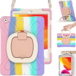 BRAECN Kids Case for iPad 9th 8th 7th Generation 10.2 2021 2020 2019, Shockproof Silicone Case with Screen Protector, Pencil/Pencil Cap Holder, Shoulder Strap, Handle Grip, Kickstand-Colorful Pink