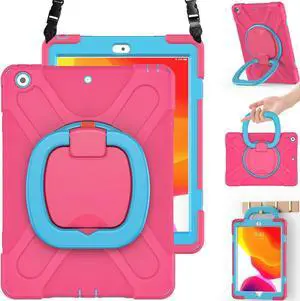 BRAECN Kids Case for iPad 10.2 Inch 9th 8th 7th Generation 2021 2020 2019,Shockproof Hybrid Silicon Case with Screen Protector Kickstand Handle Grip Shoulder Strap Pencil Holder Pencil Cap Holder-Rose