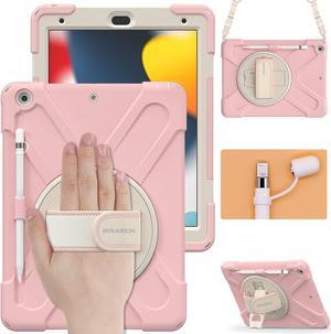 BRAECN iPad 10.2 Inch Case 2021/2020/2019, Three Layer Hybrid Kids Boys Girls Case with Shoulder Strap, Hand Strap, Stand, Screen Protector, Pencil Holder for Apple iPad 9th/8th/7th Gen -Sakura Pink