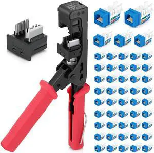 Bundle  3 Items: 45Term - 45° Angled Speed Termination Tool + Replacement Head + 45° Angled Cat6 Keystone Jacks in Blue (50 Pack)