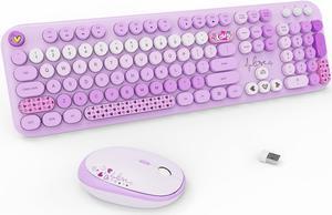 FOPETT Wireless Keyboard and Mouse Combo - 2.4G Full-Sized Cute Colorful Retro Keyboard with Round Keycaps 104 Keys Typewriter Keyboard for Laptop/Windows/PC-Purple Colorful
