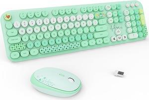 FOPETT Wireless Keyboard and Mouse Combo - 2.4G Full-Sized Cute Colorful Retro Keyboard with Round Keycaps 104 Keys Typewriter Keyboard for Laptop/Windows/PC - Green Colorful