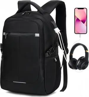 AJXIN Travel Business Water Resistant Laptop Backpack, With External Usb Charging and Earphone Port School Bookbag, Can Accommodate 15.6-inch for Women and Men Laptops Black