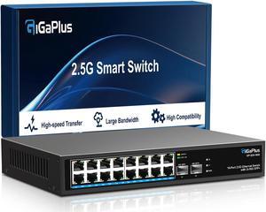 18 Port 2.5Gb Unmanaged Ethernet Switch with 16* 2.5G Base-T Ports, 2* 10G SFP+ Ports. GiGaPlus 2.5Gbps Network Switch for 2.5Gbps NAS/PC, Wireless AP, WiFi6 Router. Plug and Play, Fanless Design.