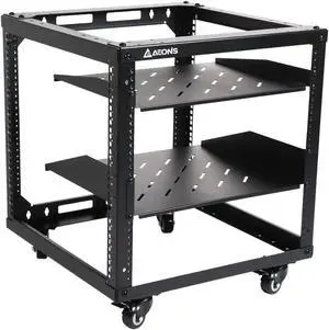 AEONS 10U Open Frame Network Server Rack 19-inch 4 Post AV Rack with Casters for Floor Standing and Wall Mount, Side Load for Extra Depth- Complete Kit with 1U and 2U Vented Shelves, Black