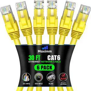 Maximm Cat 6 Ethernet Cable 30 ft (6-Pack) - High-Speed LAN, Internet, Patch & Network Cable - UTP, 10Gbps, 550MHz - Yellow
