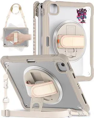 BADGEYUE iPad Air 5th/4th Generation Case 10.9 inch (2022/2020), iPad Pro 11 inch (4th/3rd/2nd/1st Gen) Clear Cover with Pencil Holder, 360deg Rotate Stand&Hand Strap/Shoulder Strap (Khaki)