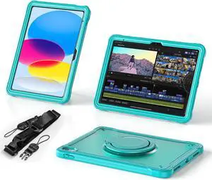 BATYUE Case for iPad (A16) 11th/10th Gen 11''/10.9'' 2025/2022 | Matte Frosted Shockproof Protective Cover with 360° Rotating & 180° Folding Stand, Shoulder Strap & Pencil Holder | Light Blue