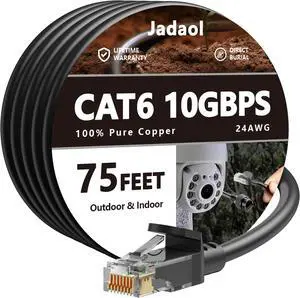 Cat 6 Outdoor Ethernet Cable 75 ft (22.86m), Support Cat8/7 Network, 10Gbps 550MHz, 24AWG Pure Copper, Direct Burial Waterproof In-Ground UV Resistant LAN Patch Cable for Router, Modem, Switch, Black