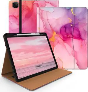 Jarviwiin Case for iPad Pro 12.9 6th/5th/4th/3rd Generation 2022/2021/2020/2018, PU Leather 12.9" Cover with Pencil Holder/Multi-Angle Stand/Pocket, Auto Wake/Sleep,Marble Pink