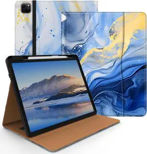 Jarviwiin Case for iPad Pro 12.9 6th/5th/4th/3rd Generation 2022/2021/2020/2018, PU Leather 12.9" Cover with Pencil Holder/Multi-Angle Stand/Pocket,Marble Blue