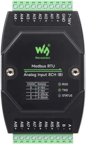 Waveshare Industrial 8-Ch Analog Acquisition Module, 12-Bit High-Precision, Supports Voltage and Current Acquisition, DC 7~36V Wide Voltage Power Supply, 8-ch Voltage Mode, 0~10V