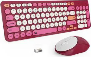 FD Wireless Keyboards and Mouse Combo - 2.4GHz USB Cordless, Cute Wireless Keyboard Round Keys, Quiet and Slim Set for Laptop, Computer, TV and Mac - Strawberry White Colorful