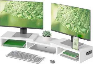 BONTEC Dual Monitor Stand Riser with Smartphone Holder, Adjustable Length & Swivel Angle, Ergonomic Wooden Desktop Organizer for PC Monitor, Laptop, Printer, Large Storage, White
