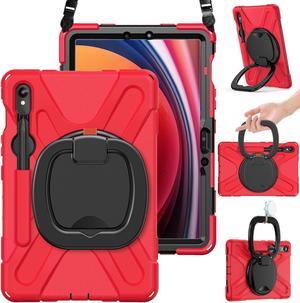 BRAECN Galaxy Tab S9 FE 10.9"/ S9 Case 11" 2023 SM-X510/X710 2023, Heavy Duty Protective Silicone Case with Kickstand, S Pen Holder Support S Pen Charging, Shoulder Strap Compatible for Tab S8/S7, Red