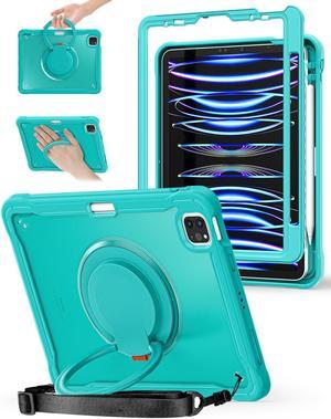 BRAECN for Apple iPad Pro 11 inch Case, iPad Air 5th/4th Gen 10.9'' 2022/2020 Shockproof Protective Case with Pencil Holder 360deg Rotatable Kickstand Shoulder Strap for Kids, Light Blue