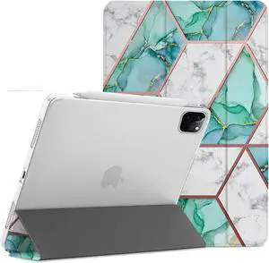 DuraSafe Cases for iPad Pro 12.9 5th 4th Gen [ PRO 12.9 inch 5 4 ] A2378 A2461 A2379 A2462 A2229 A2069 A2232 A2233 Trifold Printed Hard Auto Sleep/Wake PC Translucent Back Cover - Marble Green