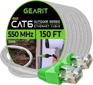 GearIT Cat6 Outdoor Ethernet Cable (150 Feet) CCA Copper Clad, Waterproof, Direct Burial, In-Ground, UV Jacket, POE, Network, Internet, Cat 6, Cat6 Cable - 150ft