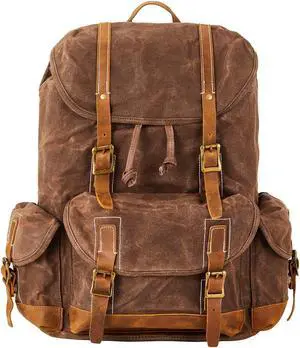 BRASS TACKS Leathercraft Backpack for Men Heavy Duty Waxed Canvas Vintage Women Trim Casual 15.6" laptop Travel Backpack-Coffee