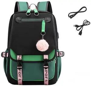 egen Kawaii Lightweight Schoolbag with USB Port USB Cable and Earphone Cord Set College Laptop Backpack Travel (Green Black,17 Inch)