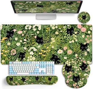 LIMKRIAN Cat Ergonomic Mouse Pad with Wrist Rest Desk Mat Sets Accessories, Green Mouse Pads for Desk, Gaming Mouse Pad Wrist Support, Keyboard Mat Wrist Rest Cup Coaster Funny Office Desk Decor