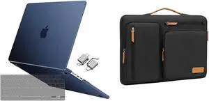 MOSISO Compatible with MacBook Air 15 inch Case 2023 2024 A2941 M2, Natural Original Color Plastic Hard Case&360 Protective Sleeve with 4 Zipper Pockets&Keyboard Cover & Type C, Midnight Blue&Black