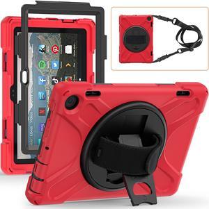 Rugged Case for -Kindle-Fire-HD-8 & 8 Plus Tablet (12th Generation, 2022) 8" w/ 360deg Rotating Hands-Free Kickstand, Full Body Armor Heavy Duty Shock-Proof Cover w/Hand/Shoulder Strap(Red)