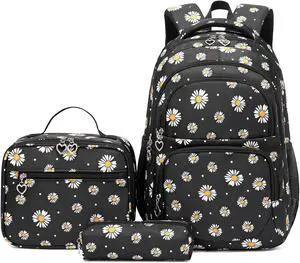 goldwheat Daisy Printed Backpacks With Lunch Pack Pencil Case 3pcs, Lightweight Water Resistant Bookbag For Middle School