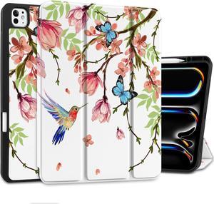MEEgoodo Case for M4 iPad Pro 13 inch Case 2024, Tablet Cover with Trifold Stand + Pencil Holder + Auto Wake/Sleep + Soft TPU Back Cover for Kids, Birds & Flowers