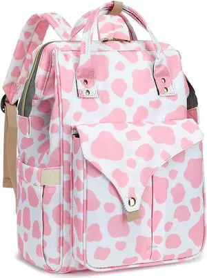 Mimfutu Cow Print Laptop Backpack College School Backpack Bookbags Nurse Backpacks Travel Bags for Women Girls Fits 15.6 Inch Notebook (Pink)