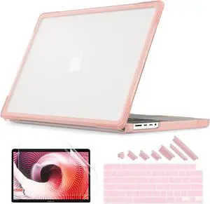 Batianda Ultimate Protection Case for New MacBook Pro 14 M4 M3 M2 Pro Max Chip 2024 2023 2021 Matte Bling Transparent Surface Carbon Fiber Edges Shockproof Anti-Scratch and Anti-Fingerprint,Peach Pink