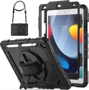 HXCASEAC Case for iPad 9th/8th/7th Generation 10.2 inch, with Pencil Holder, Screen Protector, Hand Strap, Heavy Duty Protective for iPad 9/8/7 Case 10.2-inch 2021/2020/2019, Black