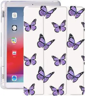 Idocolors Purple Butterfly Pad Case for iPad 5th/6th Generation Cute Girly Shockproof with Pencil Holder Trifold Stand Case(Model Number A1822 A1823 A1893 A1954)