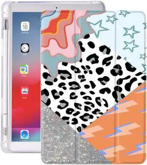 Idocolors Leopard Patchwork Pattern Pad Case White Case for ipad 7th/8th/9th Generation (iPad 10.2 Inch Case 2019/2020/ 2021) Cute Girly Anti-Scratch Shockproof with Pencil Holder Trifold Stand Case
