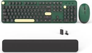 Colorful Wireless Computer Keyboards Mouse Combos, Cute Retro Typewriter Keyboard with Round Keycaps, 2.4 GHz 104 Keys Full-Sized USB/Type C Receiver Keyboard and Optical Mouse(Dark Green)