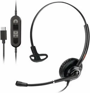 Single Ear Headphone USB-C, USB Type C Headset with Noise Canceling Microphone for PC, Laptop,Tablet,Mobile Phone,for Skype,Teams, Zoom, Webex, Ringcentrol, Compatible with Samsung,Google Pixel,Sony