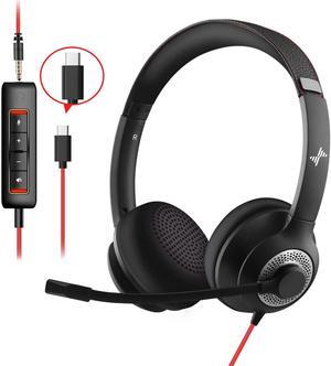 JIAMQISHI Headset with Microphone for PC Wired Headphones - Type-C Over-Ear 3.5mm Headsets with Noise-Cancelling Microphone for Laptop - Computer Headphones with Mic in-line Control for Home